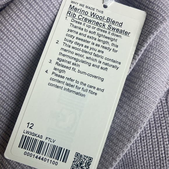 Lululemon Merino Wool-Blend Ribbed Crewneck Sweater Sz 12 NEW Lavender - Picture 3 of 3